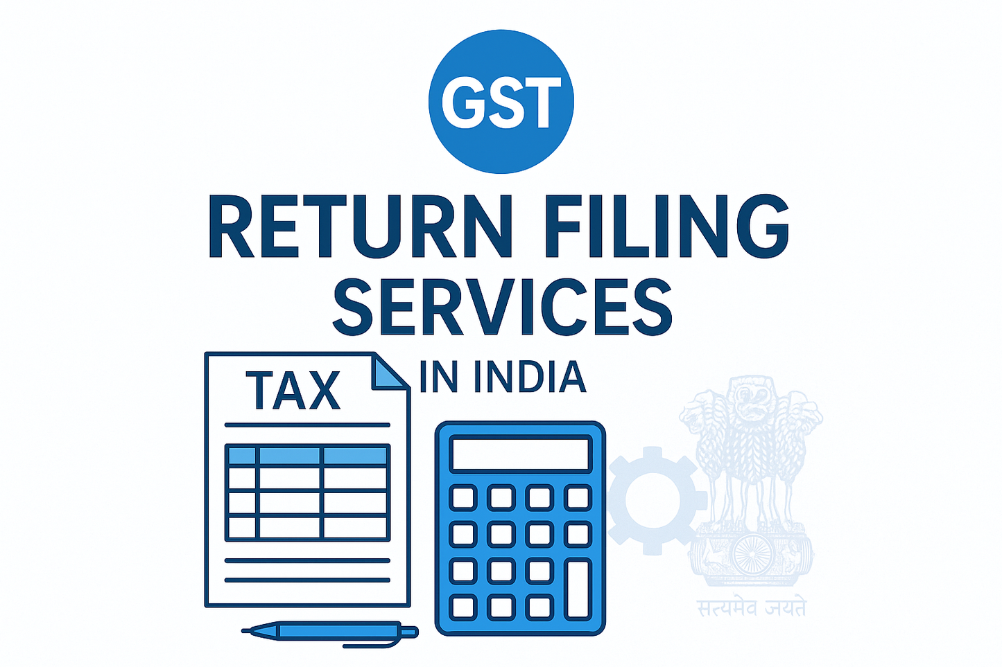 A professional square image for GST return filing services featuring tax documents, calculator, and GST elements in blue and white colors