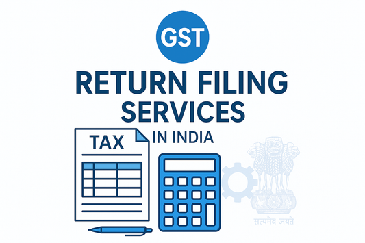 A professional square image for GST return filing services featuring tax documents, calculator, and GST elements in blue and white colors