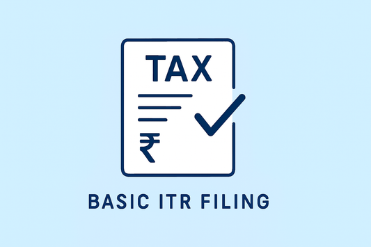 Perfect square image for Basic ITR Filing with centered tax form, checkmark, and rupee symbol on light blue background