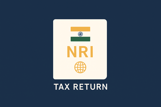 Perfect square image for NRI tax return with centered passport, small Indian flag, and tiny globe icon on navy blue background