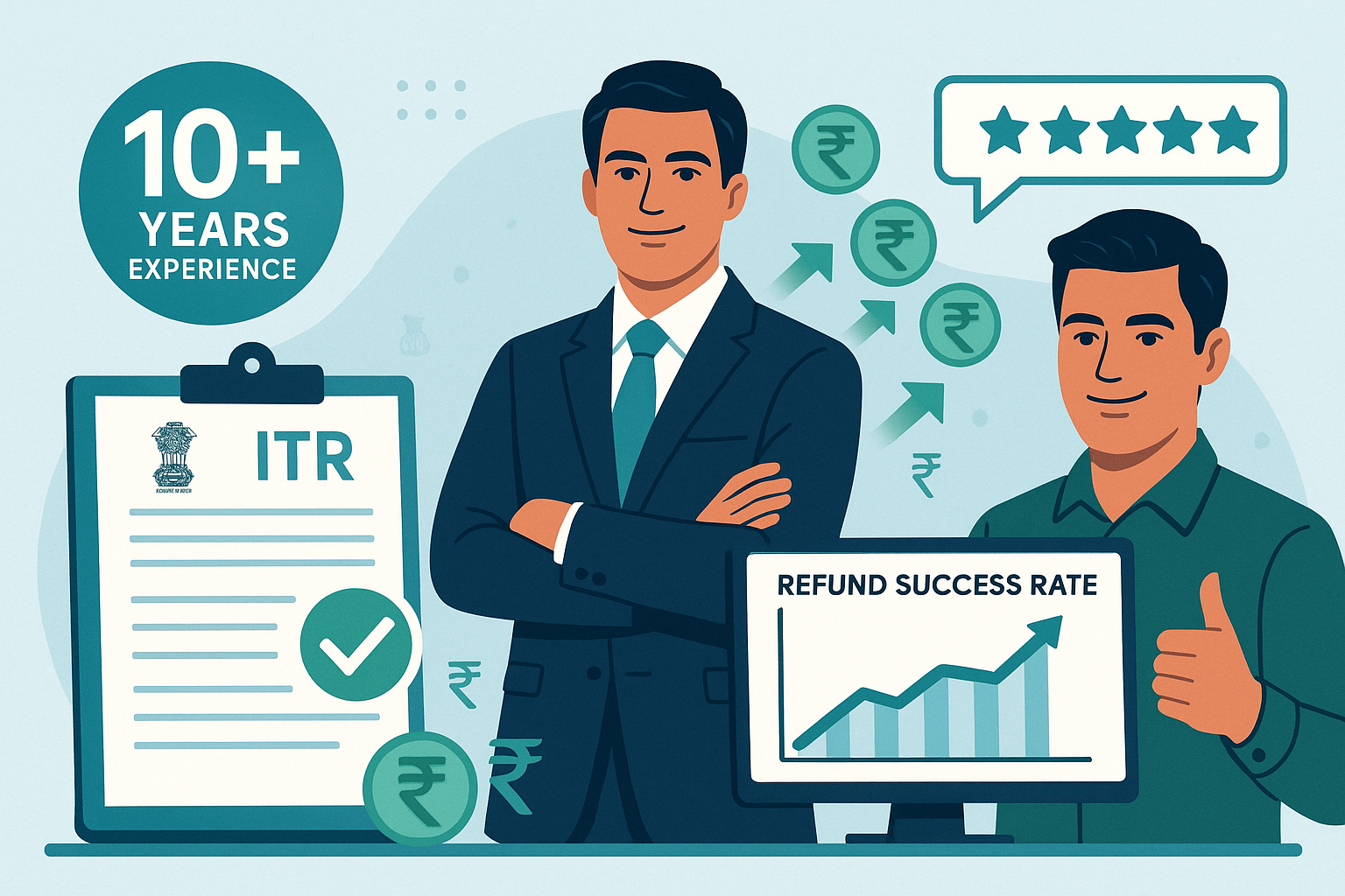 Professional image showing experienced tax professionals with completed tax forms, rupee symbols flowing to taxpayers as refunds, success rate graphs, and satisfied client testimonials