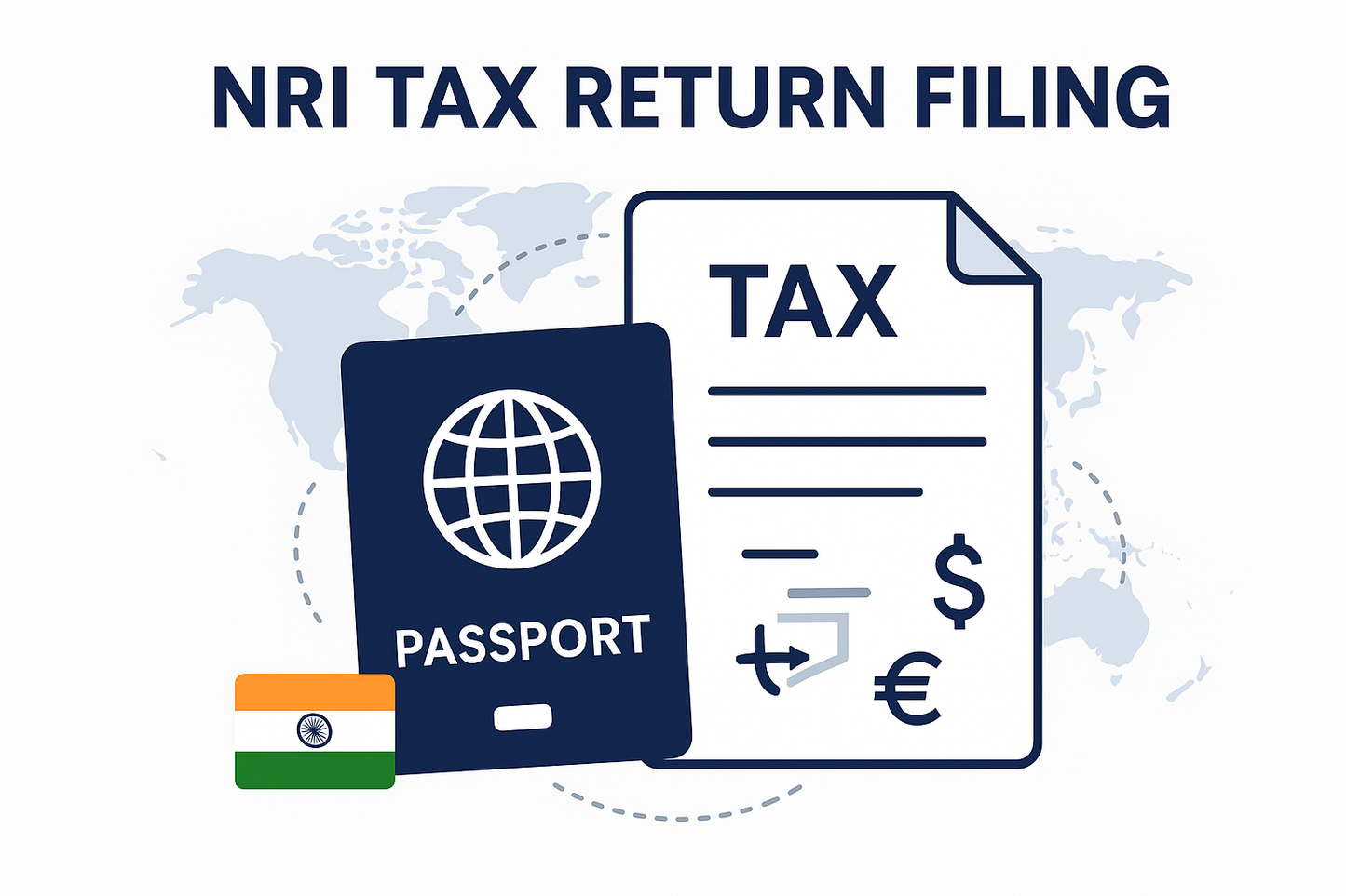 Square image for NRI tax return service showing passport, tax form, world map, Indian flag, and international currency symbols in navy blue, white, and orange colors