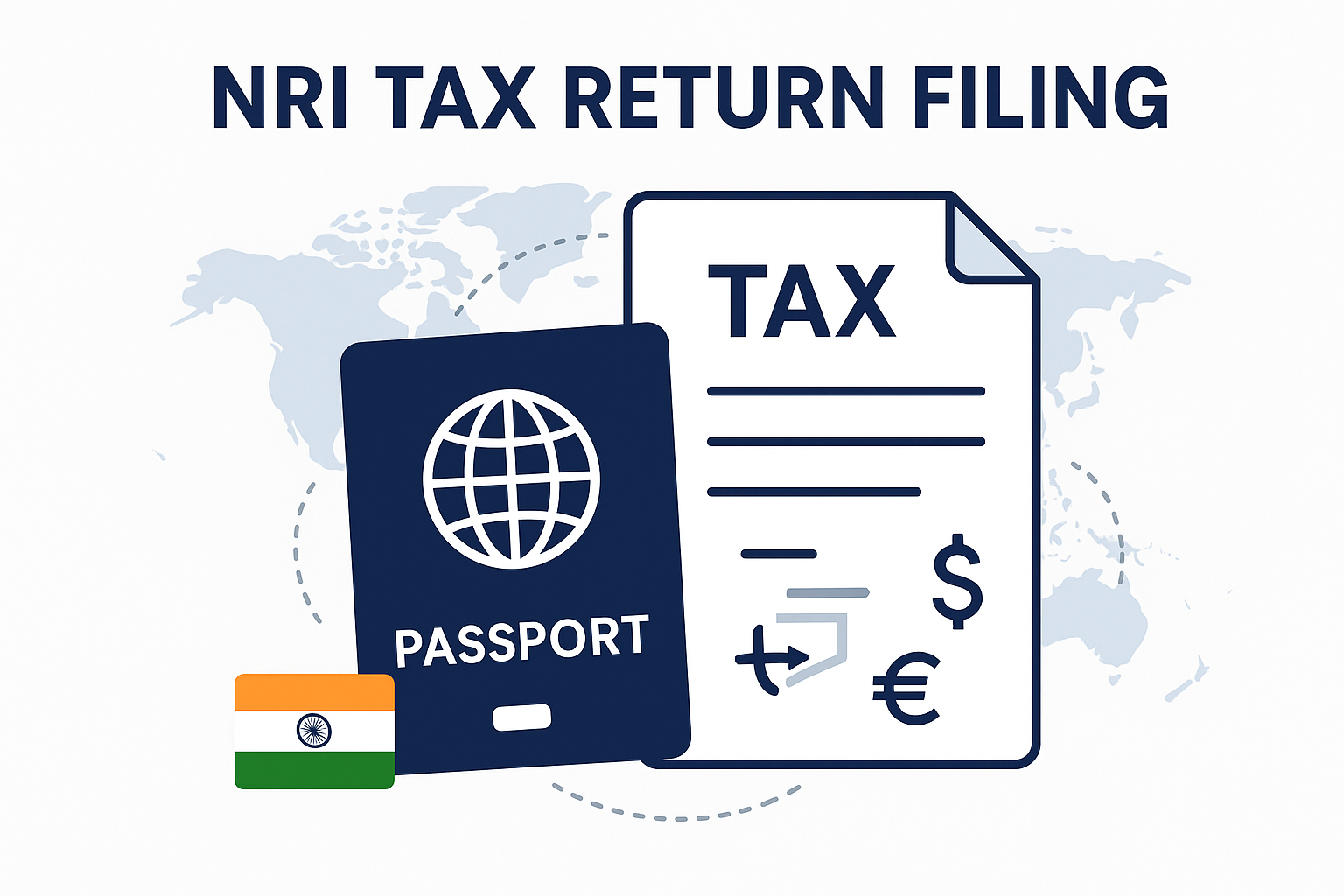 Square image for NRI tax return service showing passport, tax form, world map, Indian flag, and international currency symbols in navy blue, white, and orange colors