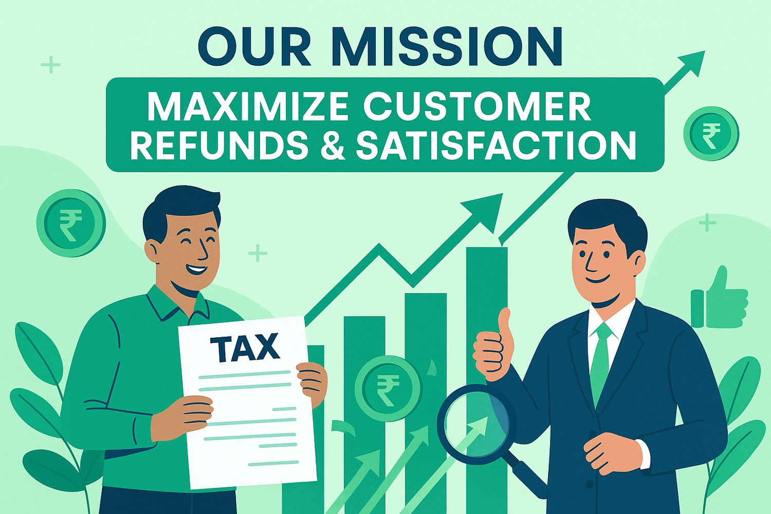 Square image showing happy customers receiving large tax refunds with rupee symbols, upward trending refund charts, and visual elements of thorough tax review to maximize deductions