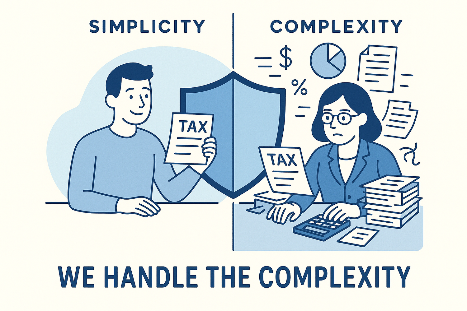 Square image showing split design with relaxed customer on one side with simple interface and tax professionals handling complex paperwork on the other side, separated by a visual barrier
