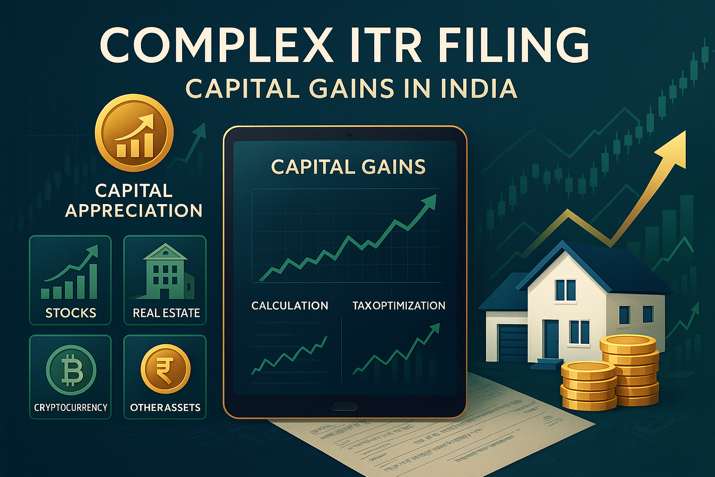 Complex ITR filing service for capital gains showing stock market charts, property investments, cryptocurrency assets, and capital appreciation graphs with tax calculation interface in deep blue, green, and gold colors